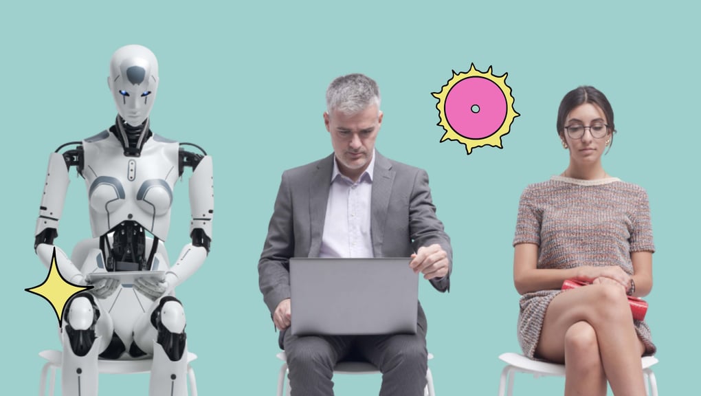 An android, a man, and a woman sitting on chairs in a row