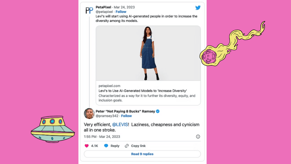 Screenshot of Levi's announcing AI models to aid diversity - and it's negative response