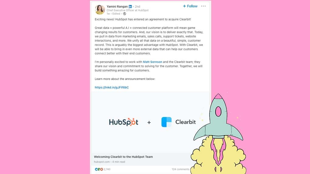 Yamini-Rangan-HubSpot-Clearbit-announcement-on-LinkedIn